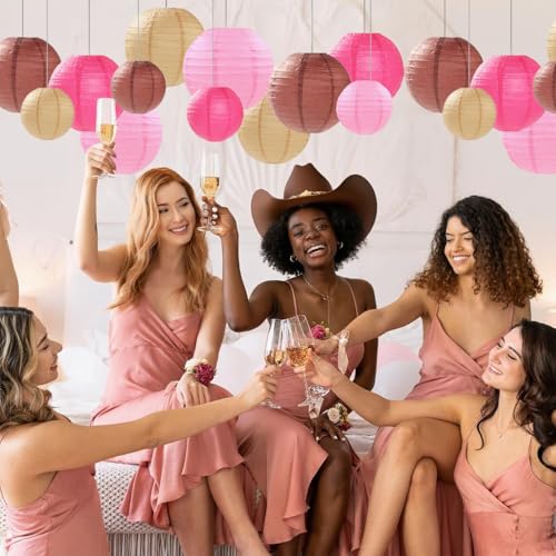 Image of Pink Brown Paper Lanterns Decorative 12pcs Party Hanging Decorations for Western Cowgirl Party Birthday Retro Rodeo Party Supplies for Girls Baby Shower Western Room Decor