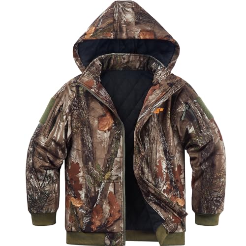 NEW VIEW Silent Kids Camouflage Hunting Clothes Water Resistant Youth Camo Jacket with Thickened Lining for Cold Weather (US Alpha Medium Regular 4.0 Thicken Camo Tree)