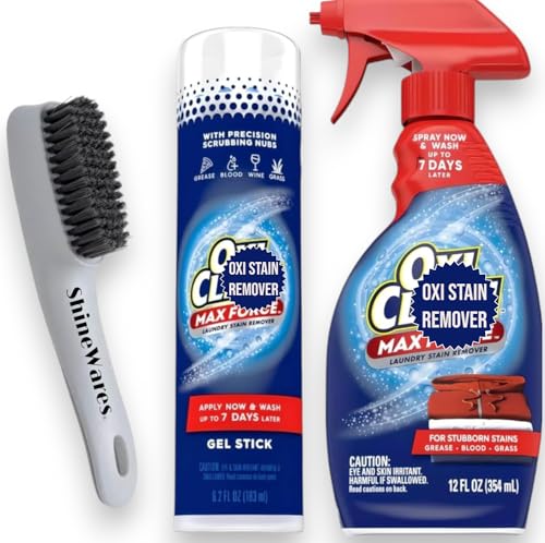 Image of ShineWares Oxi Max Force Clean Bundle - Gel Stick & Spray Stain Remover, 6.2oz & 12oz - Stain Remover Kit with Laundry Stain Remover Brush