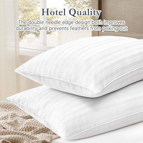 puredown® Goose Feather Down Pillows, Luxury Hotel Collection Bed Pillows for Sleeping Set of 2, 100% Cotton Cover with Silver Stripe, Standard Size