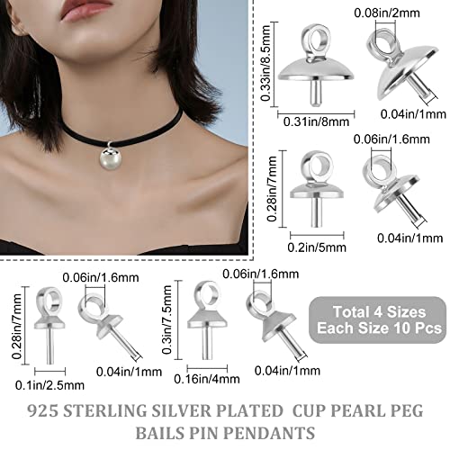 Beebeecraft 40Pcs 4 Size Eye Pin Bail Peg Pendants 925 Sterling Silver Plated Pearl Cup Eye Pins with Small Pearl Cup for Half Drilled Beads Jewellery Making Findings - Image 2