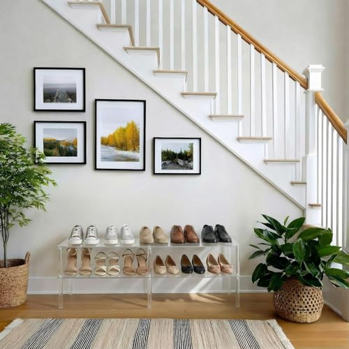 Image of 2-Tier Acrylic Shoe Shelf, Clear Acrylic Organizer, 42.5 inch L x 11.8 inch W x 12.2 inch H, Each Tier Holds up to 6 Pairs of Heels, Sneakers, Flats, Ideal for Closet, Entryway, Bedroom, Easy Assembly