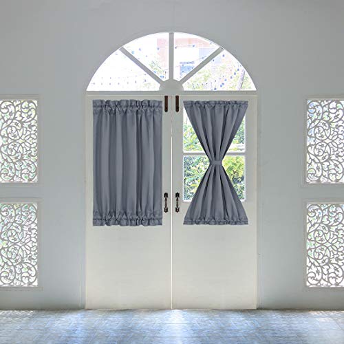 PiccoCasa Blackout French Door Curtain Panel - Blackout Door Curtain 25x40 Inches Solid Drapery with Tiebacks 2 Panels Dark Gray