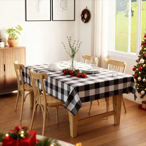 Image of Encasa XO Cotton Rectangular Table Cloth for 4 to 6 Seater | (140x180 cm) | Buffalo Black Checks | Dining Tablecloth for Decoration