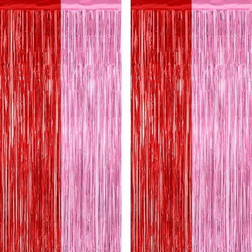Image of ZATAYE 2 Pack Red Pink Valentines Foil Curtain Streamer Decorations | Red Pink, Metallic Foil, 3.28 x 7.05 FT, Tinsel Backdrop, Foil Curtain Streamer, Valentines Party Decorations