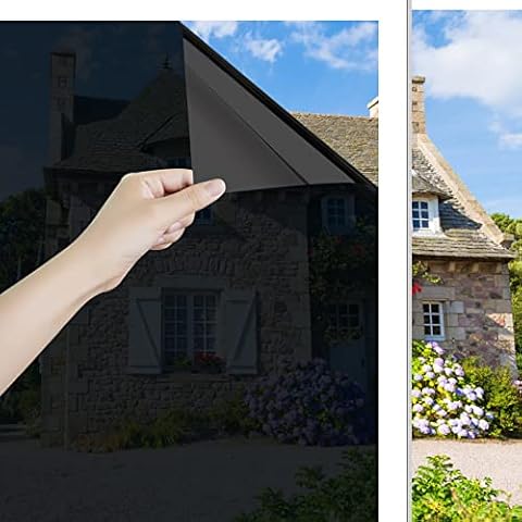 Ohmywor Window Film, Sun Protection, Self-Adhesive Privacy Protection, Heat Protection, Mirror Film from Inside, Transparent from Outside, Opaque, Anti-UV for Office and Home Window, Black, 40x200 cm Cover