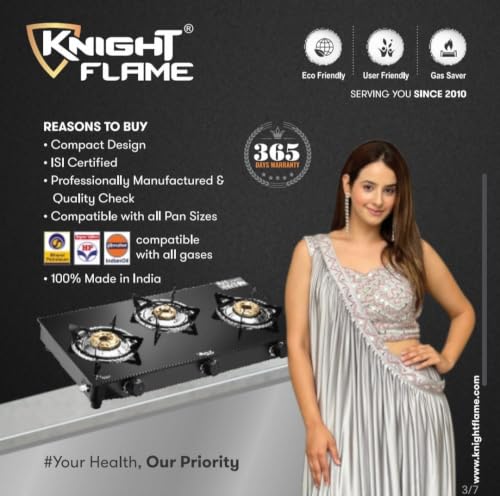 Image of 3 Burner Cute Gas Stove | Manual Ignition | 6mm ISI Approved Toughened Glass | Nylon Knobs | Brass Plated CI Burners | Anti Scratch Pan Supports | Die Cast Tube|Black Cooktop