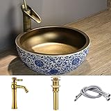 Blue and Gold Porcelain Bathroom Vessel Sink with Faucet and Drain Combo Brushed Gold