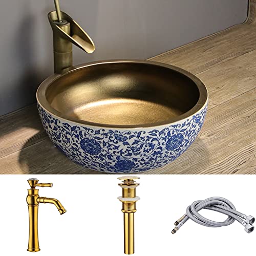 Blue And Gold Porcelain Bathroom Vessel Sink With Faucet And Drain Combo Brushed Gold #TOP11