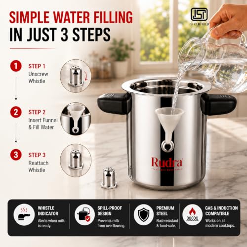 Image of Rudra Stainless Steel Long Milk Boiler 1L | Double-Walled Spill-Proof Design | Induction & Gas Compatible Milk Pan | Rust-Free 202 Grade Steel with Whistle Indicator