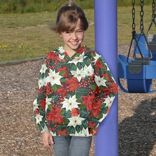 Kids Hoodies Sweaters Christmas Poinsettia Flower Hooded Sweatshirts with Big Pockets for Boys Girls B04000574