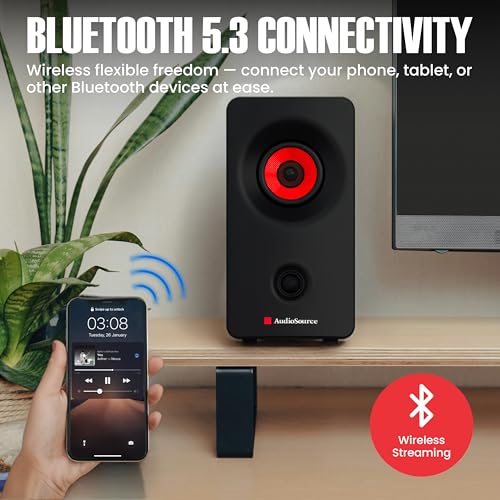Image of Audiosource Desktop PC Speakers with Bluetooth 5.3, USB-C Plug & Play, 2.0 Stereo Computer Speakers with Dual 2 inch Drivers, Compact Design, AUX Input, LED Indicator (Black)