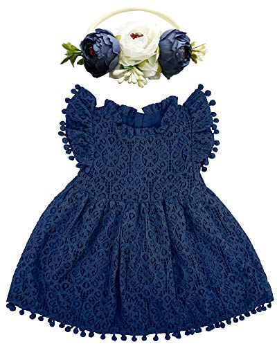 Image of BGFKS Baby Girl Tutu Dress Elegant Lace Pom Pom Flutter Sleeve with Flower Headband Set