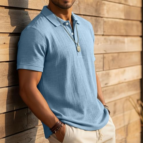 Polo casual de hombre manga corta con cuello clásico de mezcla algodón-lino, fresco y transpirable para verano miniatura 3