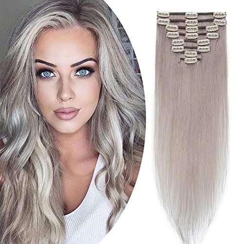 Image of Benehair 8pcs 14inch Clip in Hair Extensions Real Human Hair Clip on Double Weft Remy Soft Silky Straight Natural Highlighted Grey