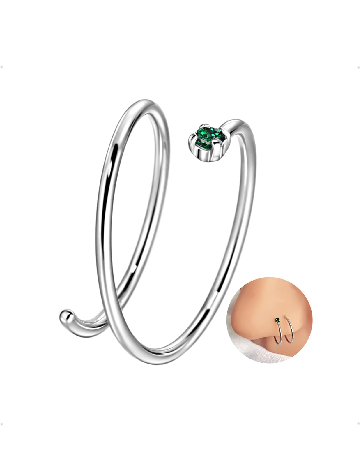 PENLYU 20 Gauge 10mm Thin Double Nose Ring Hoop for Single Piercing, 1.5mm Birthstone Nose Ring Stud, Surgical Steel Silver Spiral Twist Hoop for