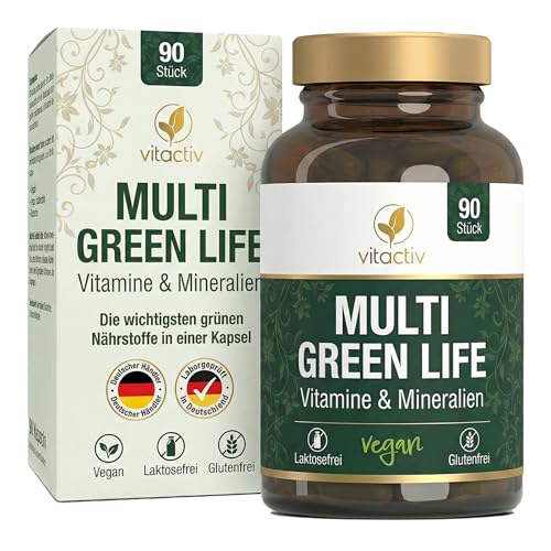 VITACTIV Multi Green Life - Green Food Multivitamin Präparat - Natur Komplex 100 Nährstoffe - Vitamin C, D, E, B Vitamine - Mineralien, Enzyme, Omega3, Vitalpilze, Probiotika, Superfood - 90 Kapseln