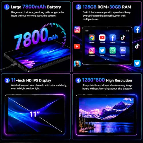 Image of 2026 Android 16 Tablet 11 Inch, 30GB+128GB 1TB Expand, 7800mAh Large Battery, Wi‑Fi 6 & BT 5.4, Widevine L1, Face Unlock, HD IPS Touchscreen, Dual Camera, Black