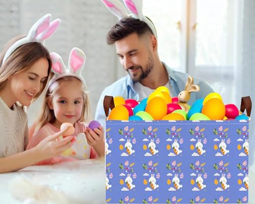 Image of Large Rectangular Easter Baskets Empty Waterproof Boy Toy Box Foldable Kid's Gifts Storage Bin Spring Room Decor(Blue Rabbit Holding Carrot Egg)