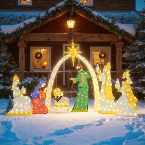 Tangkula 7 Pieces Large Christmas Lighted Nativity Scene Set, 6 FT Pre-Lit Xmas Arch Holy Family with 310 Warm White LED Lights, Indoor/Outdoor Jesus Birth Manger Scene for Yard, Garden, Lawn, Party