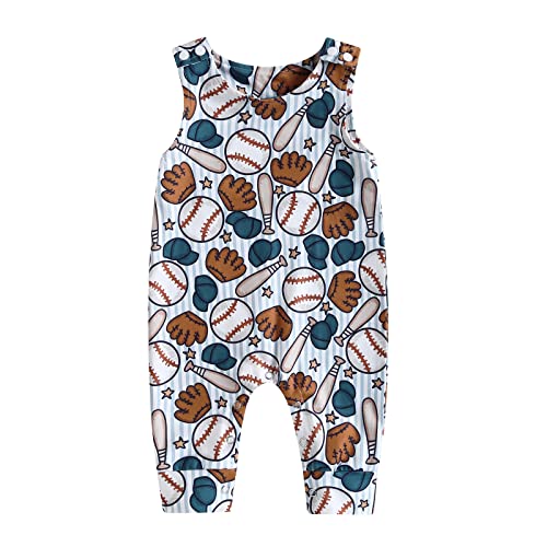 Image of COORALLY Baby Boy Girls Football Print Sleeveless Romper Bodysuit One Piece Football Outfit Suspender Jumpsuit