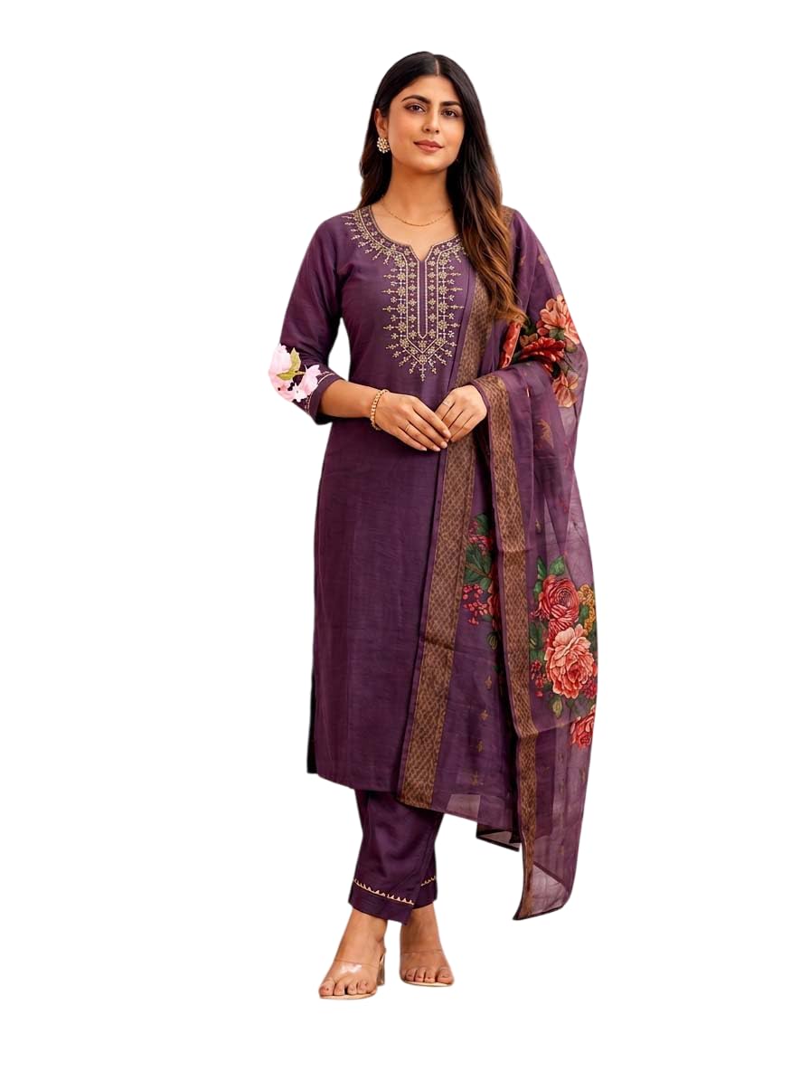 Women's Slub Rayon Embroidery Kurta Pant with Floral Print Dupatta Kurta Set For Women-picture-31