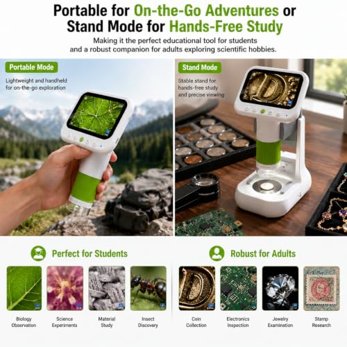 Image of SMILEDRIVE Digital Microscope with 1000X Magnification | 4.3 Inch Screen | USB PC Connectivity | 8 Led lights & 1 backlight | HD Photo & Video Recording | Handheld & Rechargeable | Dual light sources