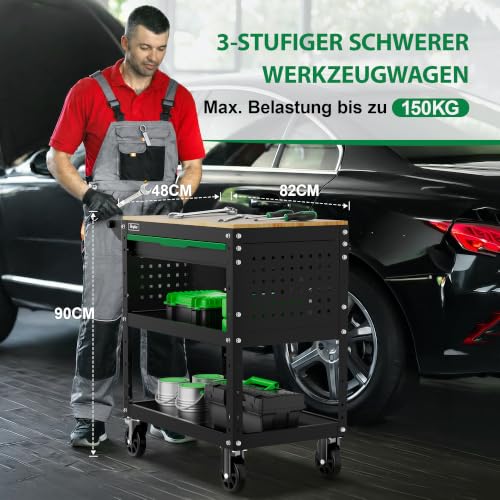 Griplier 3-Tier Rolling Werkzeugwagen mit Schublade, Holzarbeitsplatte，150KG Tragfähigkeit,82 x 48 x 90cm für Lager Garage Garten Werkstatt