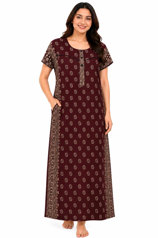 Women's Pure Cotton Heavy Fabric Nighty | Ajrak Pattern Printed Night Dress | Border Style Design | Soft Comfortable Home Wear Gown with Side Pocket-image-8