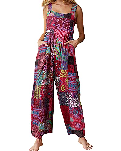 Springcmy Women's Loose Overall Dungarees Floral Jumpsuit Sleeveless Casual Baggy Playsuit Summer Wide Leg Long Pants Romper (A-Red, S)