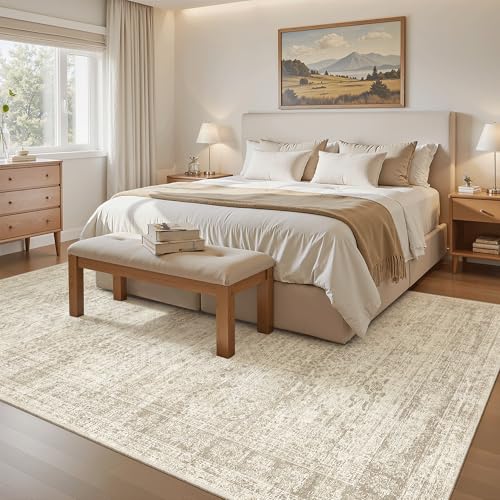 Image of Soalmost 5x8 Area Rugs Beige Low Pile Washable Trendy Faded Style Rug