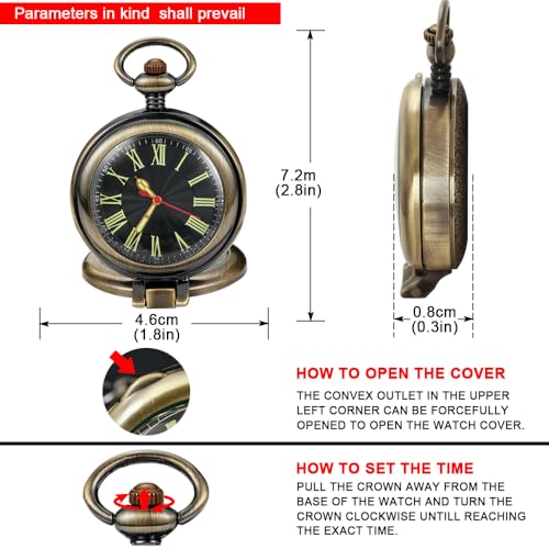 Image of Tiong Transparent Cover Pocket Watches Quartz Roman Numerals Men Arabic Numerals with Chain&Box(Bronze-R)