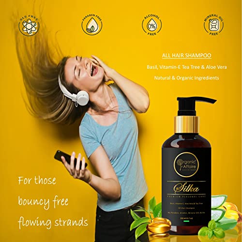 Image of Organic Affaire Silka Natural Shampoo (All-Hair) | Basil, Tea Tree & Aloe Vera | Volumizing Shampoo for Dandruff | Free from Paraben, SLS, Alcohol & Mineral Oil 200ml