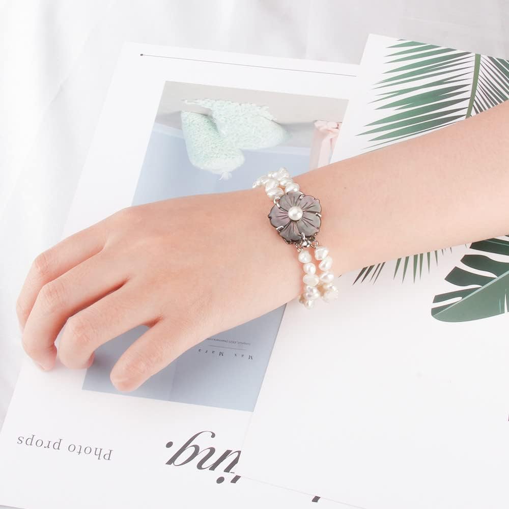 Shell Flower Clasp 2-Row White Freshwater Baroque Pearls Beads Handmade Bracelets for Women