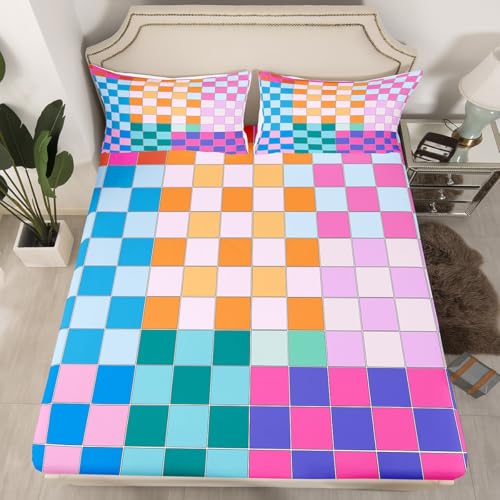 Image of Erosebridal Colorful Checkered Bed Sheets Full Rainbow Checkerboard Grid Sheet Set Blue Pink Purple Ombre Plaid Fitted Sheet for Kids Boys Girls Women,Geometric Groovy Aesthetic Flat Sheet 4 Pcs