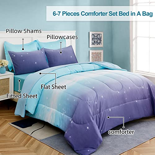 Image of Dinjoy Girls Comforter Set Queen Size 7 Pieces Bed in A Bag Ombre Blue Purple Rainbow Bedding Set Collections for Teen Women (1 Comforter, 1 Flat Sheet, 1 Fitted Sheet, 2 Pillow Shams, 2 Pillowcases)