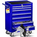 Masko® Chariot d'atelier ✓ Verrouillable ✓ Métal Massif | Chariot à Outils | Chariot d'atelier Professionnel | Chariot de Rangement d'outils | Tiroirs avec glissières - 7 Cases - Bleu
