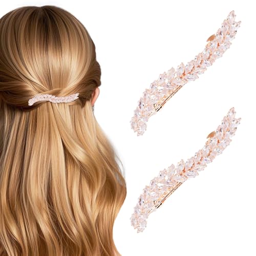 Hotalisona Hair Barrettes for Women Rose Gold Rhinestone Wedding Bridal Fashion Cute Wheat Hair Clips Barrettes Accessories for Women Girls Brides Thin Thick Hair 2PCS