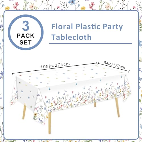 Image of 3 Pack Spring Floral Tablecloth, Wildflower Butterfly Plastic Table Cover for Easter, Birthday, Wedding, Tea, Wildflower Party Decorations, 54 x 108 Inch