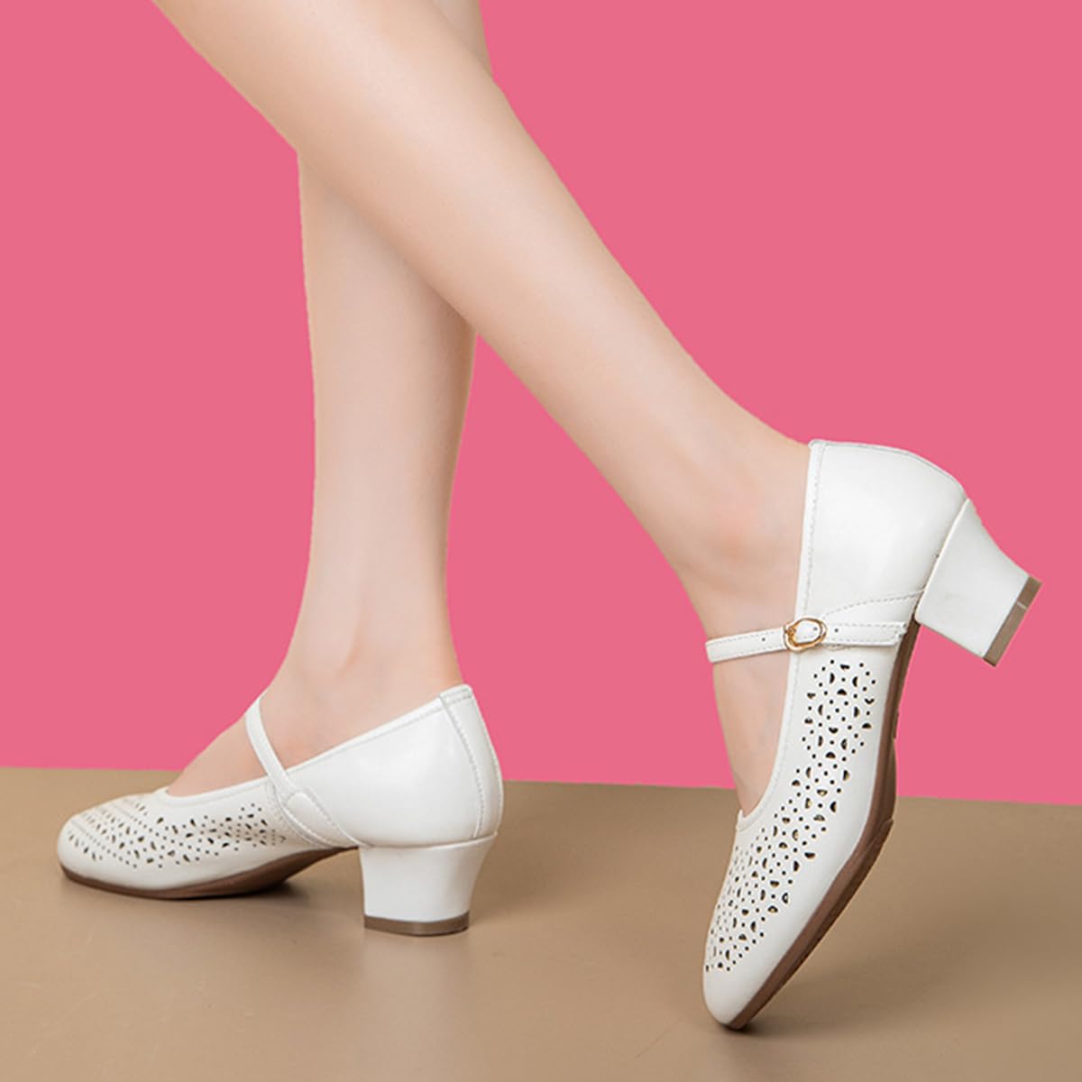 Zapatos de Baile Latino Mujer clásicos Cuero 5cm Tacon Bajo Zapatos de Baile de Práctica Salsa Salón Tango Bachata Transpirables
