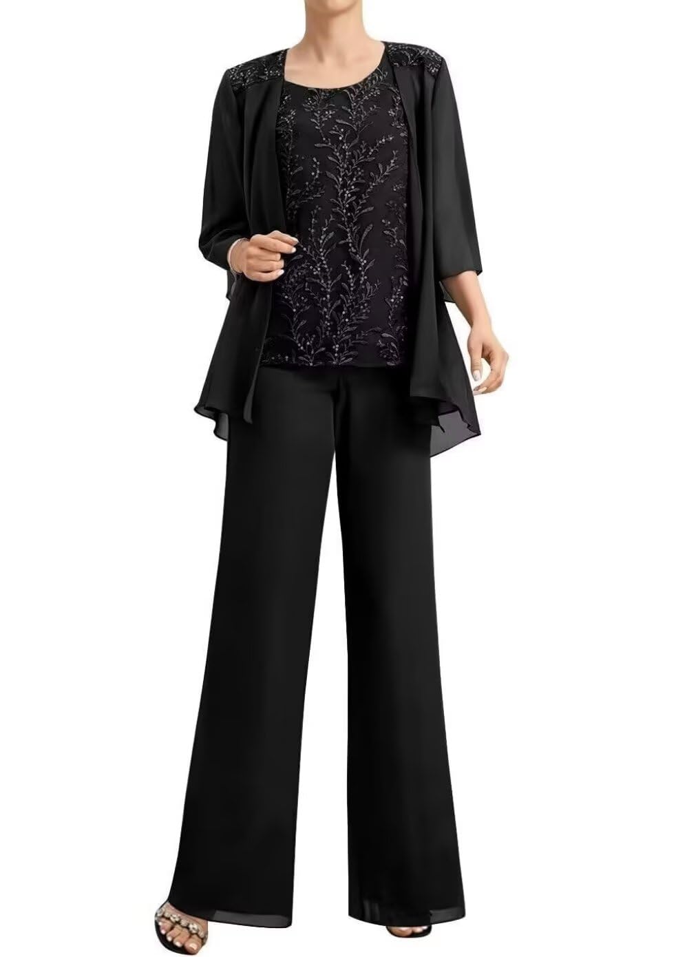 Chiffon Mother of The Bride Pant Suits 3 Pieces Lace Appliques Formal Pantsuit for Wedding Guest
