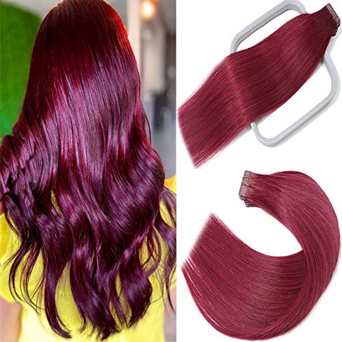 Tape in Hair Extensions #Burgundy 100% Remy Human Hair Extensions Silky Straight for Fashion Women 20 Pcs/Package(20Inch #Burgundy 50g)