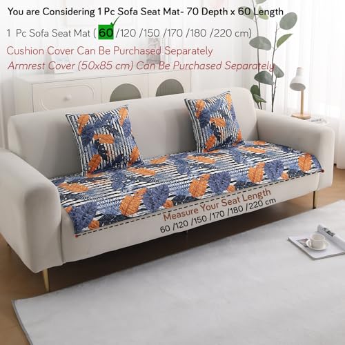 Image of HOKIPO 'LiefNest' Holland Velvet Sofa Cover Mat with Foam Filling for 1 /2 /3 Seater & L-Shape Sofa. Make Your Own Sofa Cover Set, Mat Size: 60(L) cm, Tropical Leaves Dusk Blue (IN-821-D5)