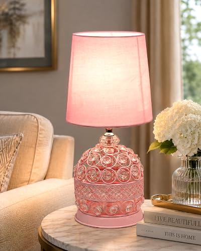 Image of Homesake Modern Small Crystal Table Lamp, Contemporary Bedroom Bedside Nightstand Lamp, Morden Minimalist, Desk Globe Lamp for Living Room Girls Kids Room, Fabric Shade (Pink)