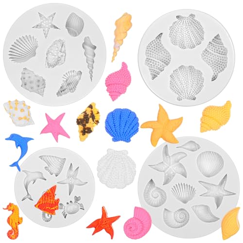 LIQWEI 4 moldes de silicone de animais marinhos, conchas, fondant com motivos marinhos, animais marinhos, moldes de silicone para assar para decoração de bolos caseiros, chocolate, fondant