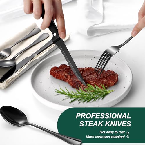 Image of 24-Piece Black Silverware Set with Steak Knives Black Stainless Steel Flatware Set for 4 Food Grade Tableware Cutlery Set Rust-proof, Mirror Polished, Dishwasher Safe