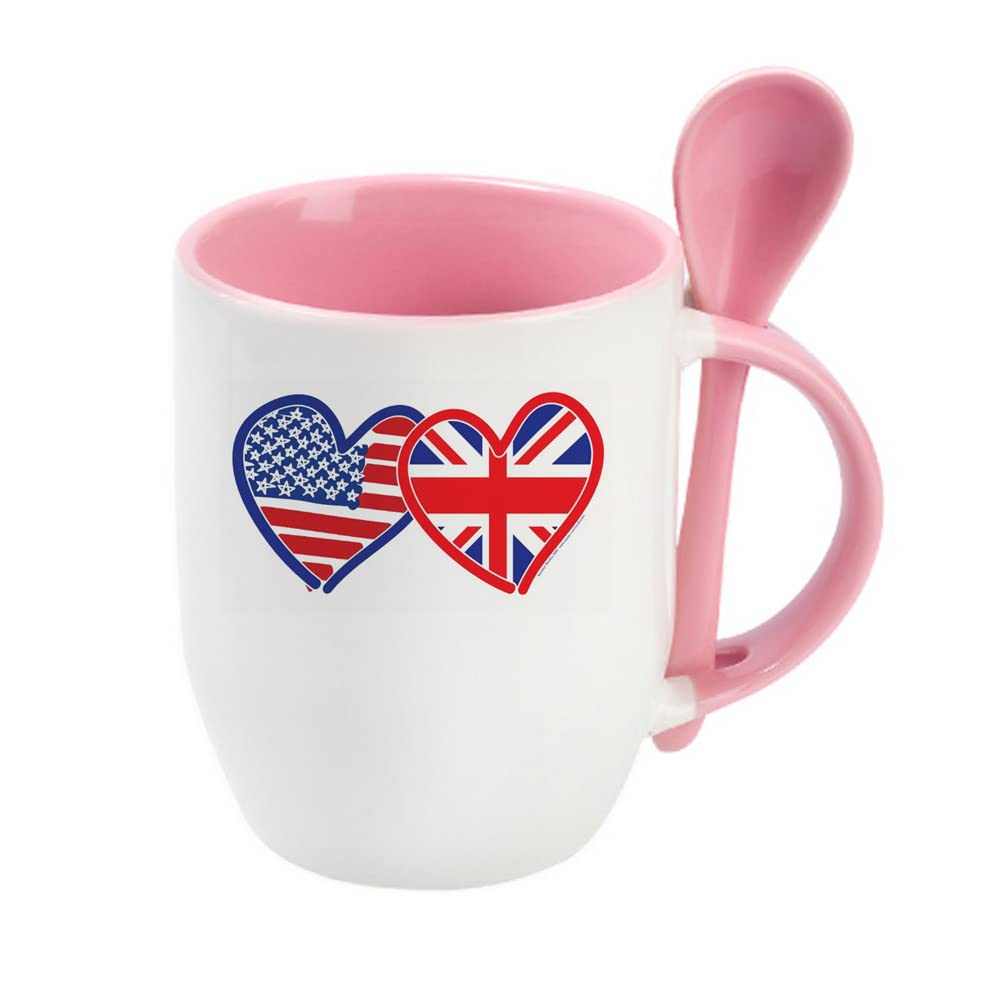 American Flag/Union Jack Flag Hearts, Funny Birthday, Christmas, Friendship Day Gift Tea Mug Unique Spoon Ceramic Mug. (Pink)