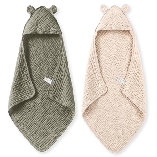 Momcozy Baby Towels 6-Layer 100% Cotton Muslin Hooded Baby Towel Set for Newborn Infant & Toddler Soft Absorbent Baby Bath Essentials Large 32 x 32 Inch