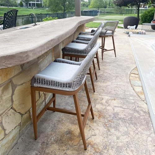 Image of PURPLE LEAF Bar Stools Set of 4 Bar Height Metal Bar Chairs with Back Modern Tall Comfy Wicker Woven Boho Garden Pool Patio Outdoor Barstools