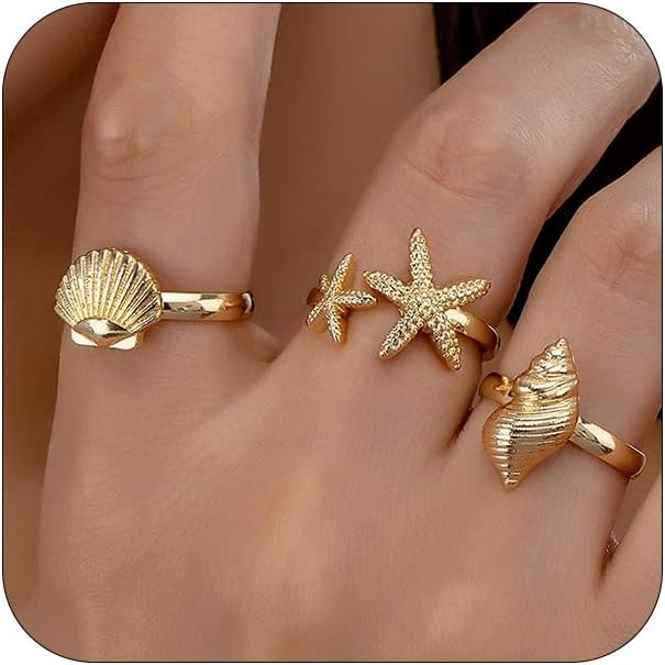 Dainty Boho Gold Starfish Conch Shell Ring Set for Women - Beachy Statement Open Rings Vacation Jewelry